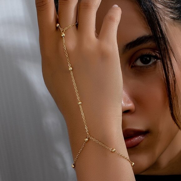 3/$35 Gold Tone Beaded Ball Beads Hand Chain Bracelet & Ring Set Minimalist Body - Picture 1 of 8